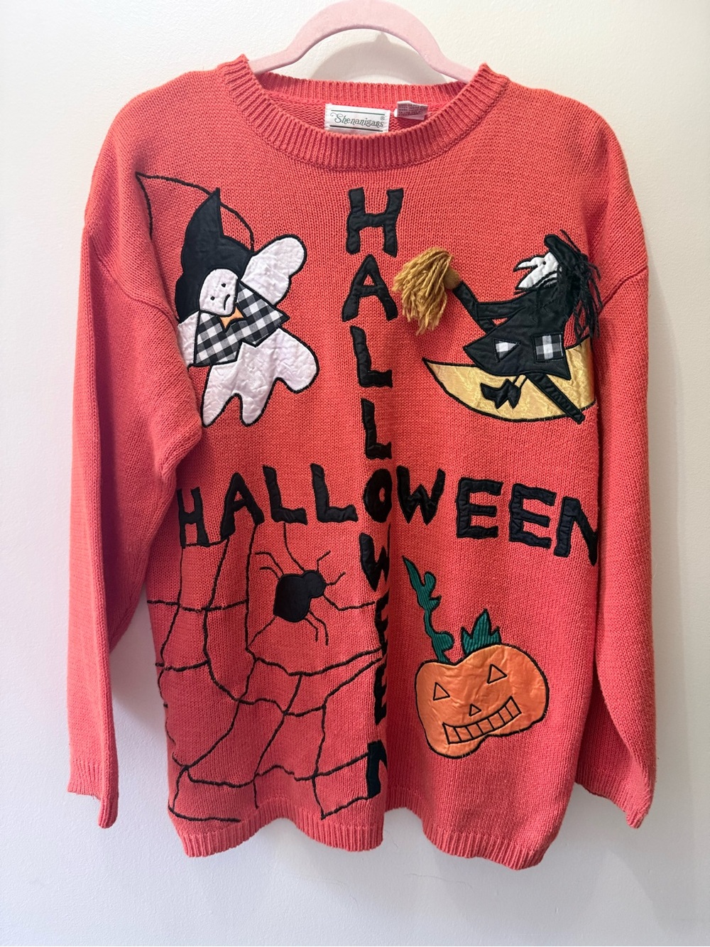 Vintage Shenanigans Halloween Knit Grandma Sweater Witch Moon Ghost Orange M